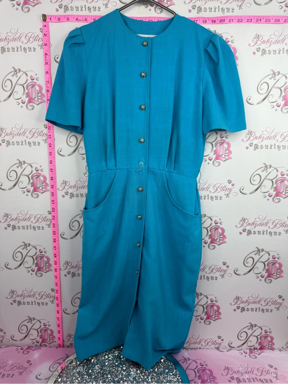 ALGO dress button up vintage Women’s Teal Button-Front Midi Dress with Pockets
